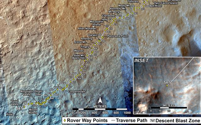 This map shows the route driven by NASA's Mars rover Curiosity through the 547 Martian day, or sol, of the rover's mission on Mars (February 19, 2014).
