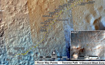 This map shows the route driven by NASA's Mars rover Curiosity through the 547 Martian day, or sol, of the rover's mission on Mars (February 19, 2014).