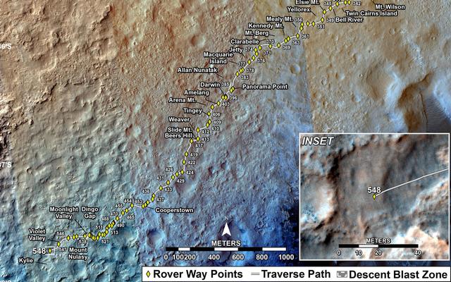 This map shows the route driven by NASA's Mars rover Curiosity through the 548 Martian day, or sol, of the rover's mission on Mars (February 20, 2014).