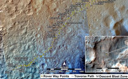 This map shows the route driven by NASA's Mars rover Curiosity through the 548 Martian day, or sol, of the rover's mission on Mars (February 20, 2014).