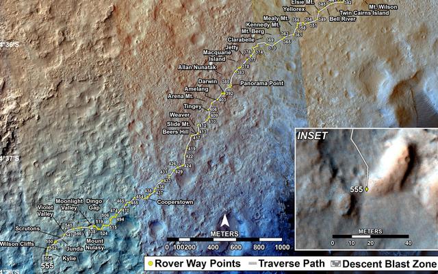 This map shows the route driven by NASA's Mars rover Curiosity through the 555 Martian day, or sol, of the rover's mission on Mars (February 26, 2014).