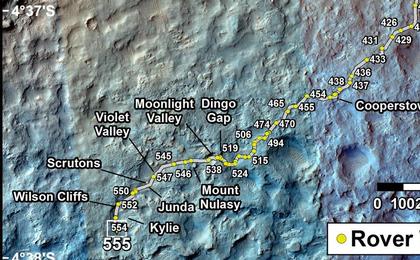 This map shows the route driven by NASA's Mars rover Curiosity through the 555 Martian day, or sol, of the rover's mission on Mars (February 26, 2014).