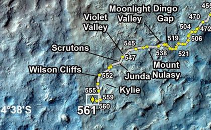 This map shows the route driven by NASA's Mars rover Curiosity through the 561 Martian day, or sol, of the rover's mission on Mars (March 5, 2014).
