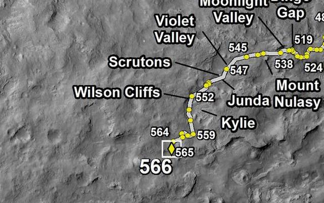 This map shows the route driven by NASA's Mars rover Curiosity through the 566 Martian day, or sol, of the rover's mission on Mars (March 10, 2014).
