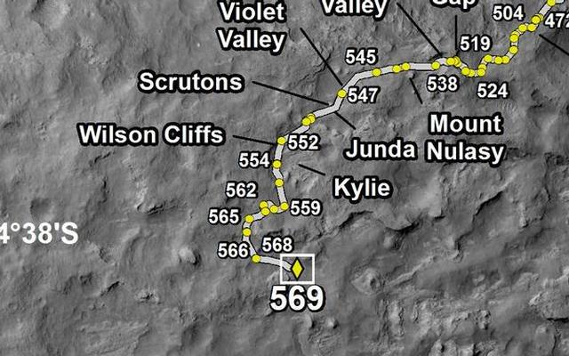 This map shows the route driven by NASA's Mars rover Curiosity through the 569 Martian day, or sol, of the rover's mission on Mars (March 13, 2014).