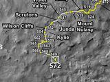 This map shows the route driven by NASA's Mars rover Curiosity through the 572 Martian day, or sol, of the rover's mission on Mars (March 17, 2014).