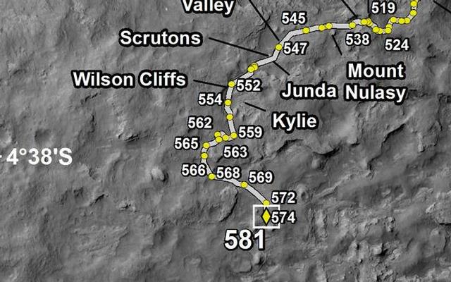 This map shows the route driven by NASA's Mars rover Curiosity through the 581 Martian day, or sol, of the rover's mission on Mars (March 26, 2014).