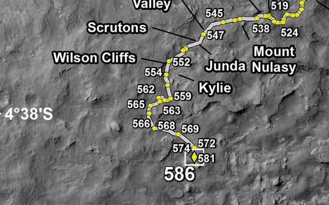 This map shows the route driven by NASA's Mars rover Curiosity through the 586 Martian day, or sol, of the rover's mission on Mars (March 31, 2014).