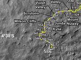 This map shows the route driven by NASA's Mars rover Curiosity through the 586 Martian day, or sol, of the rover's mission on Mars (March 31, 2014).