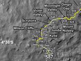 This map shows the route driven by NASA's Mars rover Curiosity through the 587 Martian day, or sol, of the rover's mission on Mars (April 1, 2014).