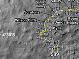 This map shows the route driven by NASA's Mars rover Curiosity through the 589 Martian day, or sol, of the rover's mission on Mars (April 3, 2014).