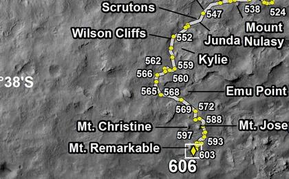 This map shows the route driven by NASA's Mars rover Curiosity through the 606 Martian day, or sol, of the rover's mission on Mars (April 22, 2014).