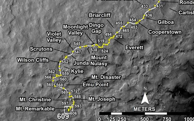This map shows the route driven by NASA's Mars rover Curiosity through the 609 Martian day, or sol, of the rover's mission on Mars (April 25, 2014).