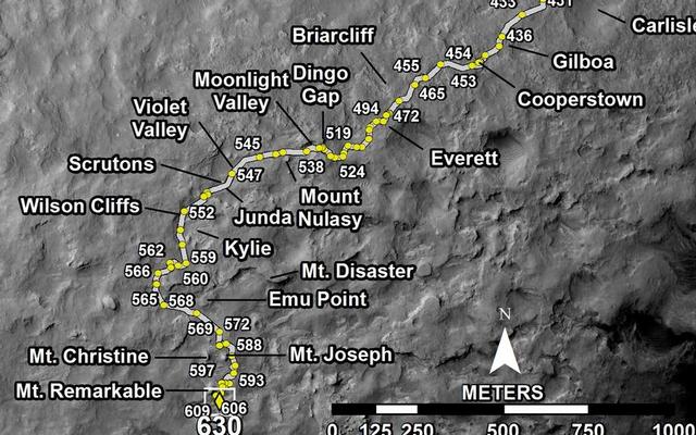 This map shows the route driven by NASA's Mars rover Curiosity through the 630 Martian day, or sol, of the rover's mission on Mars (May 15, 2014).