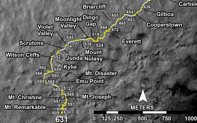 This map shows the route driven by NASA's Mars rover Curiosity through the 631 Martian day, or sol, of the rover's mission on Mars (May 16, 2014).