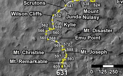 This map shows the route driven by NASA's Mars rover Curiosity through the 631 Martian day, or sol, of the rover's mission on Mars (May 16, 2014).