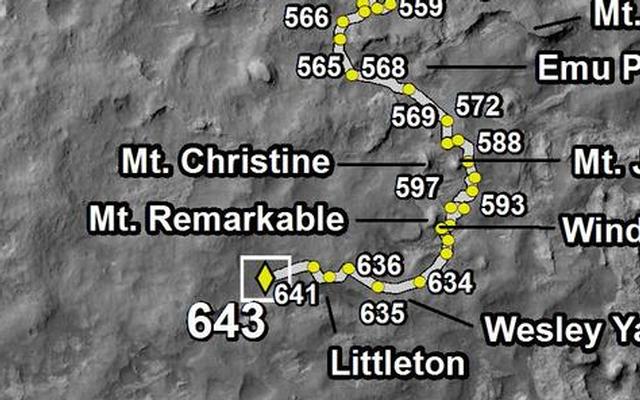 This map shows the route driven by NASA's Mars rover Curiosity through the 643 Martian day, or sol, of the rover's mission on Mars (May 28, 2014).