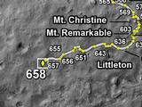 This map shows the route driven by NASA's Mars rover Curiosity through the 658 Martian day, or sol, of the rover's mission on Mars (June 13, 2014).