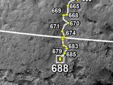This map shows the route driven by NASA's Mars rover Curiosity through the 688 Martian day, or sol, of the rover's mission on Mars (July 14, 2014).