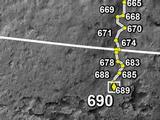 This map shows the route driven by NASA's Mars rover Curiosity through the 690 Martian day, or sol, of the rover's mission on Mars (July 16, 2014).