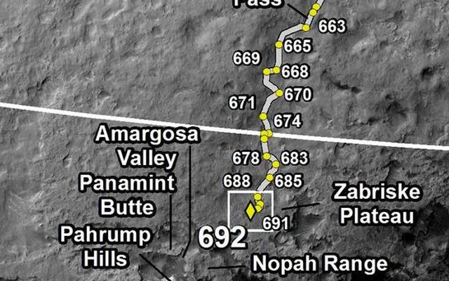 This map shows the route driven by NASA's Mars rover Curiosity through the 692 Martian day, or sol, of the rover's mission on Mars (July 18, 2014).