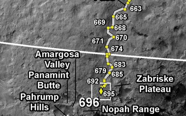This map shows the route driven by NASA's Mars rover Curiosity through the 696 Martian day, or sol, of the rover's mission on Mars (July 22, 2014).