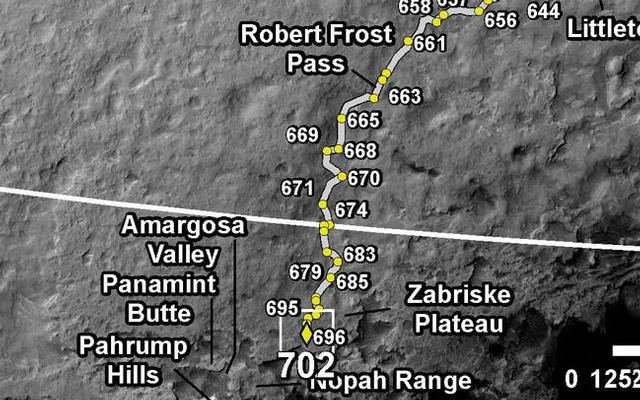 This map shows the route driven by NASA's Mars rover Curiosity through the 702 Martian day, or sol, of the rover's mission on Mars (July 28, 2014).