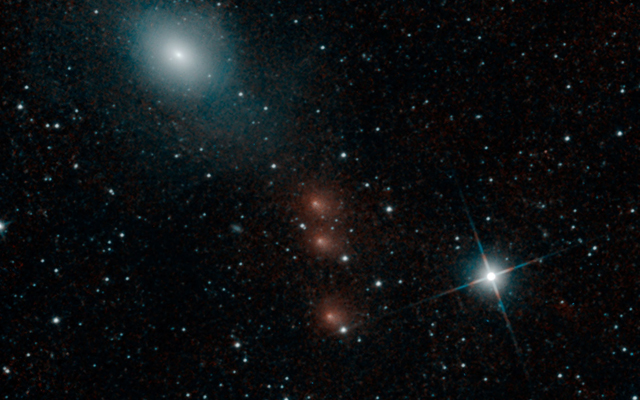 NASA's NEOWISE mission detected comet C/2013 A1 Siding Spring on July 28, 2014, less than three months before this comet's close flyby of Mars on Oct. 19. This merging of multiple images presents the comet in four different positions relative to the background stars.