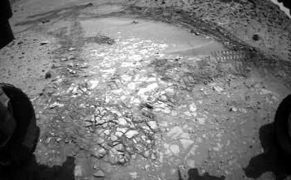The pale rocks in the foreground of this fisheye image from NASA's Curiosity Mars rover include the "Bonanza King" target under consideration to become the fourth rock drilled by the Mars Science Laboratory mission