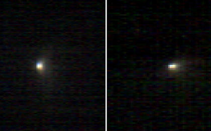 These two infrared images of comet C/2013 A1 Siding Spring were taken by the Compact Reconnaissance Imaging Spectrometer for Mars (CRISM) aboard NASA's Mars Reconnaissance Orbiter on Oct. 19, 2014. This Oort Cloud comet was making its first voyage through the inner solar system.