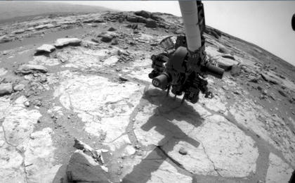 This is a sequence of images from the Front Hazard-Avoidance Camera on NASA's Mars rover Curiosity that shows the rover drilling into rock target "Cumberland."