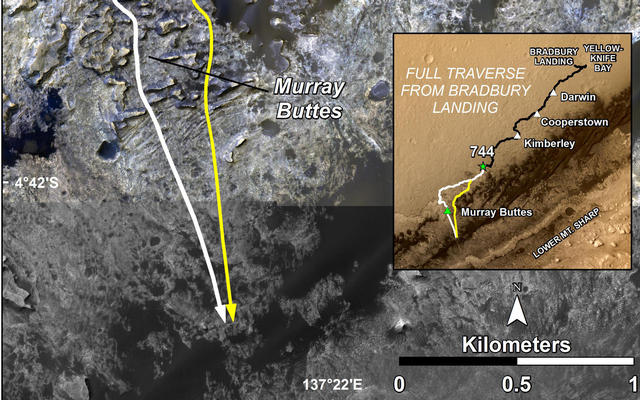 This image shows a base map of Mount Sharp with the transition between the "Murray Formation," with the rover's old path marked in white and the new path marked in yellow.
