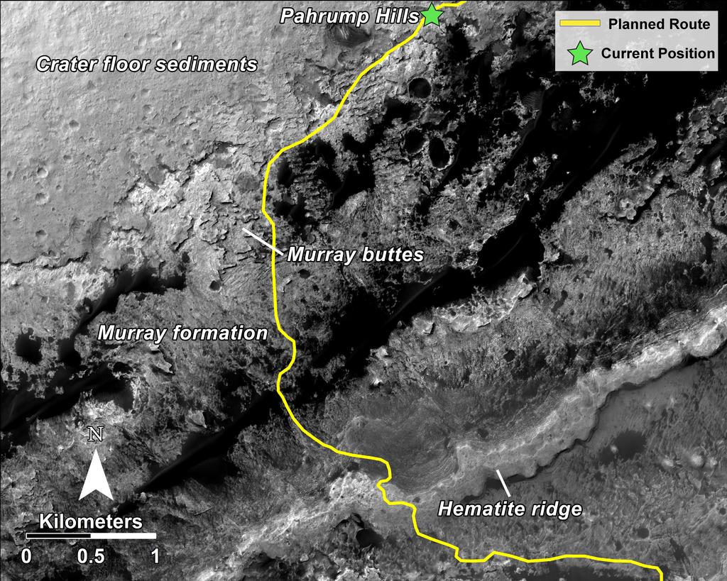 This image shows the planned route (in yellow) of NASA's Curiosity rover from "Pahrump Hills" at the base of Mount Sharp, through the "Murray Formation," and south to the hematite ridge further up the flank of Mount Sharp. The rover's location is near Pahrump Hills noted with a green star on the top right of the image.