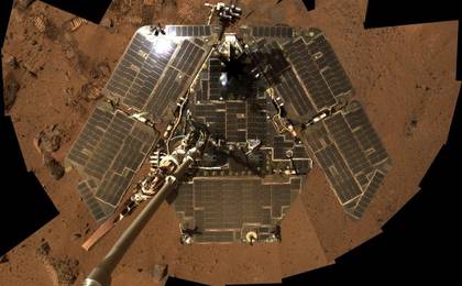In this selfie, Spirit shows her solar panels gleaming in the Martian sunlight and carrying only a thin veneer of dust two years after the rover landed and began exploring the red planet.