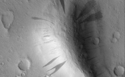 This Mars Global Surveyor (MGS) Mars Orbiter Camera (MOC) image shows dark slope streaks coming down the slopes of a knob in western Amazonis Planitia. All of the surfaces in this image are mantled by dust. On the slopes, mass movement of dry dust has created the streaks.