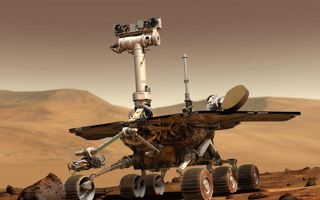 An artist's concept portrays a NASA Mars Exploration Rover on the surface of Mars. Two rovers were launched in 2003 and arrived at sites on Mars in January 2004. Each rover was built to have the mobility and toolkit for functioning as a robotic geologist.