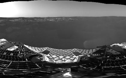 This 360-degree panorama is one of the first images beamed back to Earth from the Mars Exploration Rover Opportunity shortly after it touched down at Meridiani Planum, Mars. The image was captured by the rover's navigation camera.