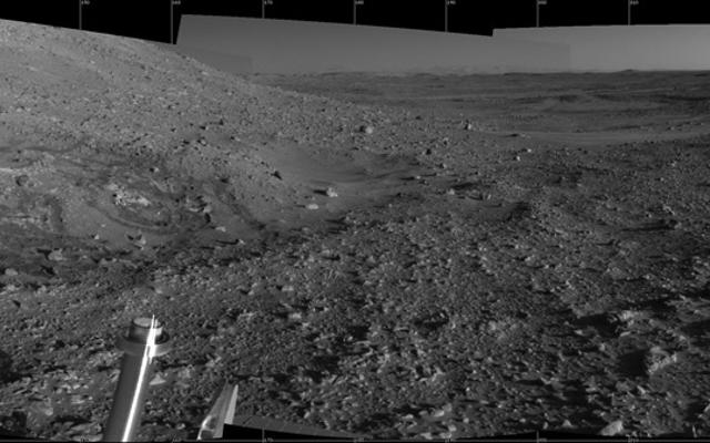 This 360-degree view from a site dubbed "Engineering Flats" shows the rover's shadow.