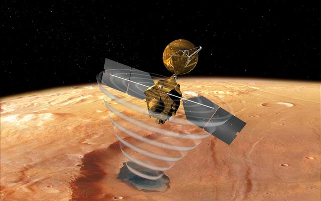 This image is an artist's concept of a view looking down on NASA's Mars Reconnaissance Orbiter. The spacecraft is pictured using its Shallow Subsurface Radar instrument (SHARAD) to "look" under the surface of Mars.