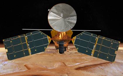 This artist's concept of the Mars Reconnaissance Orbiter features the spacecraft's main bus facing down, toward the red planet.