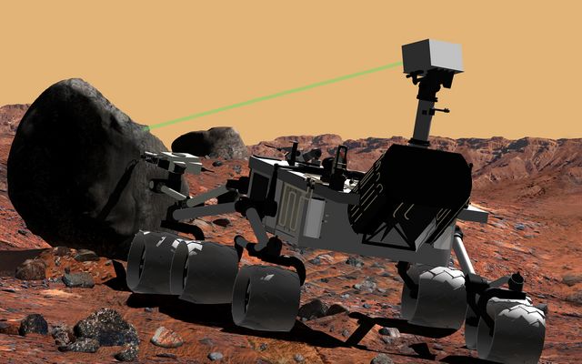 This artist's conception of NASA's Mars Science Laboratory portrays use of the rover's ChemCam instrument to identify the chemical composition of a rock sample on the surface of Mars.