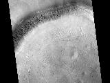 HiRISE image (PSP_001942_2310) shows a crater approximately 11 km (7 miles) in diameter, located in Acidalia Planitia, part of the Northern Plains. Several features in and around this crater are suggestive of fluids and ice at and near the surface. 

The south-looking (or equator facing) walls of this crater are cut by numerous gullies such as the ones shown in this image's cutout (500 x 600 m or 550 x 650 yards), with well developed alcoves, sinuous channels, and terminal fan deposits. These gullies seem to originate at the same height, suggesting that the carving agent may have emanated from one single layer exposed in the crater's wall. 

Contrastingly, no gullies are observed in the north-looking (or pole facing) wall of this crater. Terrestrial gullies very similar to the ones shown in this image are produced by surface water. The arrows in the cutout show fissures that may indicate detachment of surficial materials possibly held together by subsurface ice, sliding en masse down the crater's wall. 

The muted topography of the crater and its surroundings, the relatively shallow floor (300 m or 330 yards), the convex slope of its walls-all are consistent with ice being present under the surface, mixed with rocks and soil. Ice would have acted as a lubricant, facilitating the flow of rocks and soils and hence smoothing landscape's features such as ridges and craters' rims.

The concentric and radial fissures in the crater's floor may indicate decrease of volume due to loss of underground ice. Piles of rocks aligned along these fissures and arranged forming polygons are similar to features observed in terrestrial periglacial regions such as Antarctica. Antarctica's features are produced by repeated expansion and contraction of subsurface soil and ice, due to seasonal temperature oscillations. The funnel-shaped depressions visible in the crater's floor could be collapse pits, further evidence of ice decay; alternatively, they could be smoothed-out impact craters.