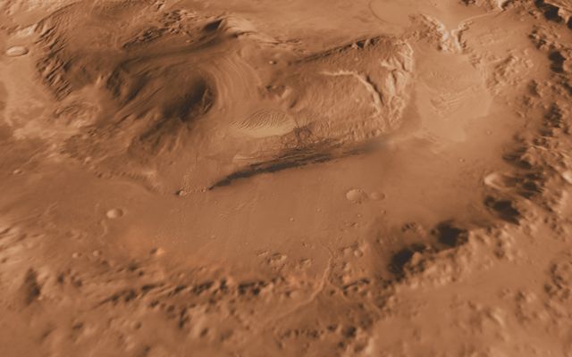 This oblique view of Gale crater shows the landing site and the mound of layered rocks that NASA's Mars Science Laboratory will investigate.
