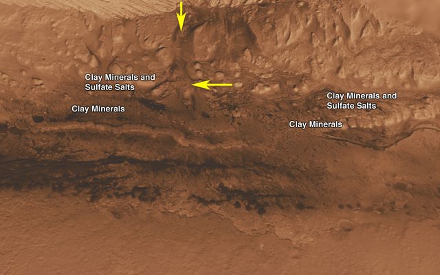This oblique view of the lower mound in Gale crater on Mars shows an area of top scientific interest for the Mars Science Laboratory mission.
