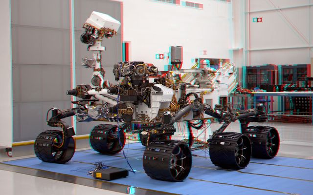 This stereoscopic anaglyph image was created from a left and right stereo pair of images of the Mars Science Laboratory mission's rover, Curiosity.