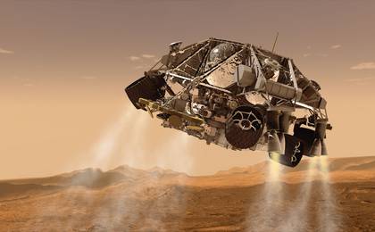 This is an artist's concept of the rover and descent stage for NASA's Mars Science Laboratory spacecraft during the final minute before the rover, Curiosity, touches down on the surface of Mars.