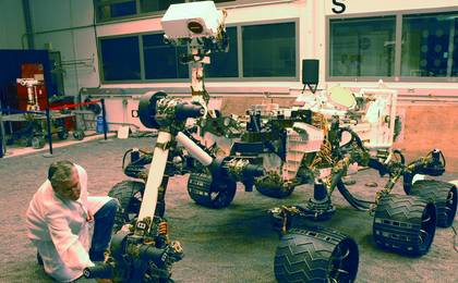 A NASA Mars Science Laboratory test rover called the Vehicle System Test Bed, or VSTB, serves as the closest double for Curiosity in evaluations of the mission's hardware and software.