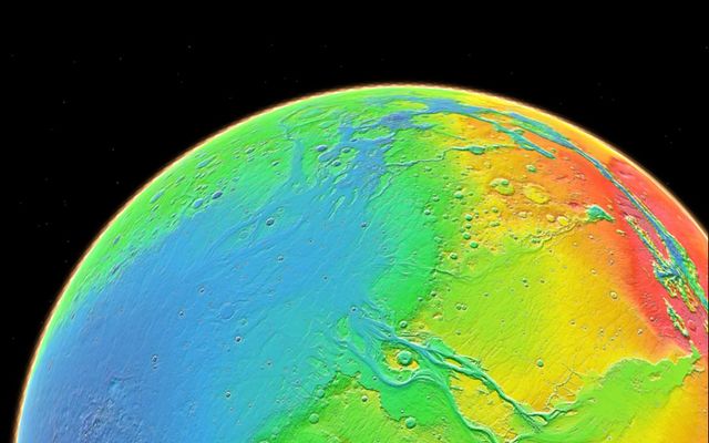 Color coding in this image of Mars represents differences in elevation, measured by the Mars Orbiter Laser Altimeter on NASA's Mars Global Surveyor.