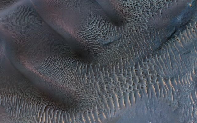This enhanced-color image shows sand dunes trapped in an impact crater in Noachis Terra, Mars.