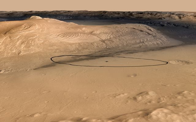 As of June 2012, the target landing area for Curiosity, the rover of NASA's Mars Science Laboratory mission, is the ellipse marked on this image. The ellipse is about 12 miles long and 4 miles wide (20 kilometers by 7 kilometers).